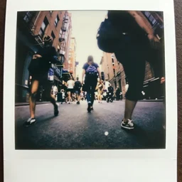 low - angle go - pro view, very low - angle, ant's eye view, messy photo of walking in the busy street, polaroid photo, by andy warhol