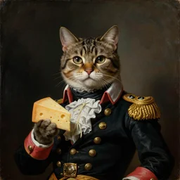 portrait painting of a  cat holding a piece of cheese and wearing napoleon cloths like a propaganda poster  by George Stubbs, renaissance painting, oil painting, old master