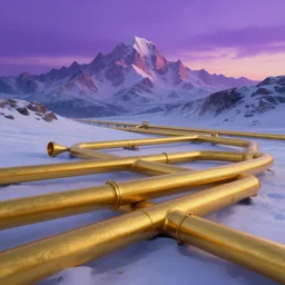 landscape, gold pipelines, snowy mountains, purple sunset. gold pipes. gold tubing. fantasy, digital painting, hd, detailed.