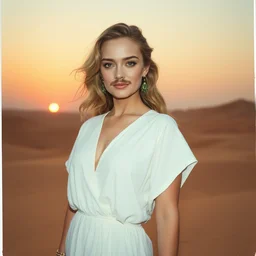 portrait, margot robbie with mustache, sahara desert, sunset, polaroid, arabian dress, sandals,