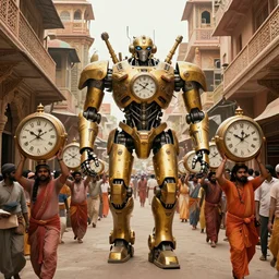 fantastic biomechanical humanoid mecha clocks walk among the hindu crowd, hindu crowd carries fantastic clocks, in a wes anderson film, dystopian jaipur alleyway, intricate and ornate
