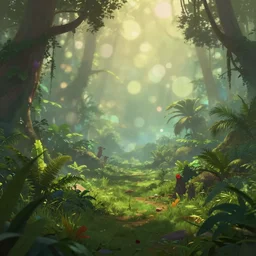 dreamy jungle landscape, apocalyptic. len blur background bokeh. art by ismail inceoglu, filip hodas, and pixar.