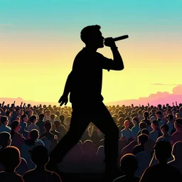 rapping into microphone, silhouette, huge crowd, outrun, vaporwave, hip hop, simple shapes, trending on Artstation, professional artist, detailed, 4k