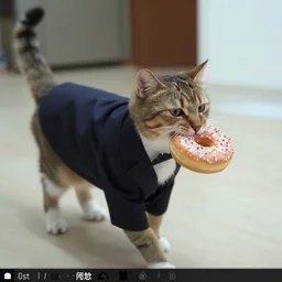 Cat in a suit with a donut in its mouth, trail cam footage