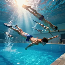 a group of friends about to dive in a swimming pool ultra realistic, lens flare, atmosphere, glow, detailed, intricate, full of colour, cinematic lighting, trending on artstation, 4 k, hyperrealistic, focused, extreme details, unreal engine 5, cinematic, masterpiece, ultra realistic, hyper realistic, highly detailed, sharp focus, digital art
