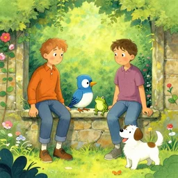 greg ( left ) and wirt, two half - brothers, along with beatrice the bluebird and greg's pet frog, and a happy dog, over the garden wall by patrick mchale,