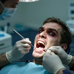 a evil dentist preparing to pull a scared mans teeth, 4k photorealistic, cinematic
