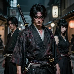 wide - shot _ yakuza ab 2 3 de in tokyo _ 1 7 th century _ portrait _ katana on his back ; mystery ; scary ; scarred | fantasy | highly detailed | trending on artstation | sharp focus : art by artgerm, greg rutkowsky, magali villeneuve'