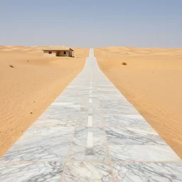 a marble road in the desert leads to a tiny house, detailed, realistic art