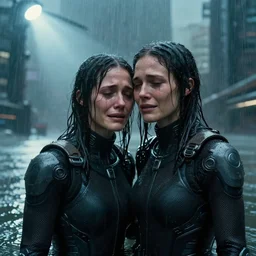 cinestill 5 0 d candid photographic portrait by ridley scott of two loving female androids sobbing wearing rugged black mesh techwear in treacherous waters, flooded city, medium closeup, retrofuturism cyberpunk moody emotional cinematic, pouring iridescent rain bright spotlight helicopter, 8 k, hd, high resolution, 3 5 mm, f / 3 2, ultra realistic faces, ex machina