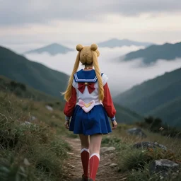 a grandma wearing sailor moon costume wandering trough the mountains looking at the clouds very detailed focused photography cinematic lighting by martin parr