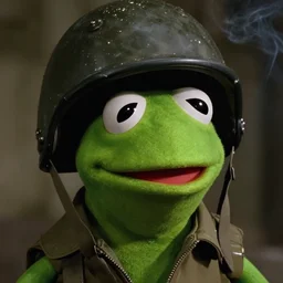 color still from apocalypse now, close up of kermit the frog smoking, wearing army helmet, by vittorio storaro, cinematic shot