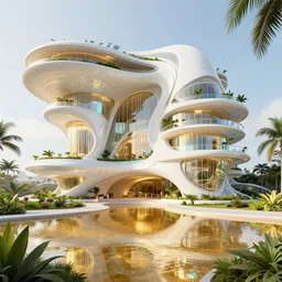 highly detailed futuristic hawaii architecture by frank lloyd wright and antoni gaudi, reflective lighting, holographic, stylized vegetation, ground - level view, puddles of gold water, stunning sunny lighting, sunrise, by vincent di fate and james jean, 8 k, matte painting, ray tracing, unreal engine 5, octane render, cyberpunk, vibrant
