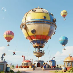 large colorful futuristic space age metallic steampunk steam - powered balloons with pipework and electrical wiring around the outside, and people on rope swings underneath, flying high over the beautiful tokyo city landscape, professional photography, 8 0 mm telephoto lens, realistic, detailed, photorealistic, photojournalism