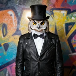 gentleman owl with black biker jacket, portrait photo, wall with colorful graffiti, studio photo, suit, bow tie, tophat, tophat, lens flare, 2. 8 f