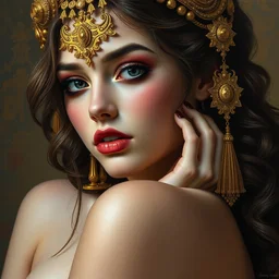an intricate painting of a beautiful young lady with an artistic sensual pose with klimt golden motives and textures, hyper detailed, ornamental gold headpiece, octane render, vivid colors, artstation, by jeremy mann, by alphonse mucha, by boris vallejo