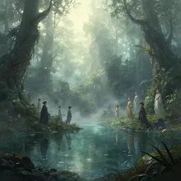 a pond, a view to an eerie fantasy world, matte painting, ethereal back light, mist, coherent composition, detailed fantasy painting by artgerm, noriyoshi ohrai, yuumei, stephen bliss, unreal engine, fantasy art by greg rutkowski, loish, rhads, ferdinand knab, makoto shinkai, lois van baarle, ilya kuvshinov, rossdraws, tom bagshaw, alphonse mucha, global illumination, radiant light, detailed and intricate environment