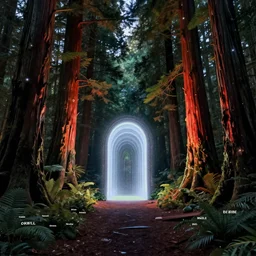 glowing portal in a clearing glade in a redwood forest at night. shimmering portal. the forest redwood trees are lit by a glow. by cyril rolando and naomi okubo and dan mumford and ricardo bofill. beeple. noah bradley. digital render. digital painting. trending on artstation. concept art.