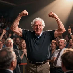 muscular bernie sanders, flexing to an excited audience