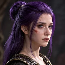 portrait of a female, purple pony tail, scars, tears, beautiful, stunning, detailed, by artgerm, by greg rutkowski, by luis royo, by pixar, by myazaki, gothic, final fantasy, fantasy, medieval