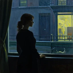silhouette of a woman gazing out her hotel window at the rain, extremely detailed masterpiece, oil on canvas, low-key neon lighting, in the world of Edward Hopper, artstation, by J. C. Leyendecker and Peter Paul Rubens,