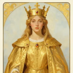 a god wearing golden clothes and golden crown, amazing, tarot art, painting by greg rutkowski and alphonse mucha