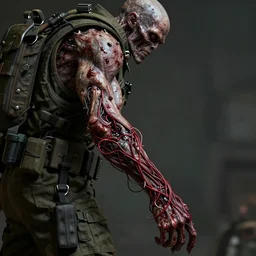 a mutant soldier with bloody wires bursting out of their arm in the style of h. r. giger / zdzisław beksinski trending on artstation deviantart pinterest hyper detailed photorealistic highlights and shadow hd 8 k post - processing high resolution
