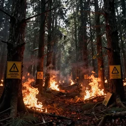 dystopian forest on fire with pandemic warning signs, 4k, cinematic lighting, detailed trees, octane render, 35mm film grain