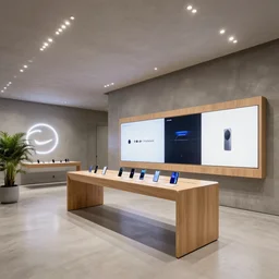 ( 2 0 3 0 s flagship retail interior. experience. telco digital screens phones. wood, polished concrete, neon, ceiling spots. plants. samsung microsoft apple nike adidas tesla muted colors. ) by petros afshar by beeple!!!!!!!!!!!!!!