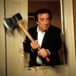 Danny Devito as Johnny, breaking through a door with an axe, film still from the movie Shining