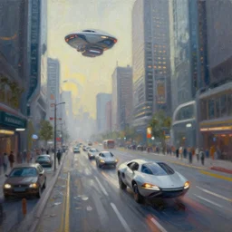 futuristic city, futuristic flying cars, street scene, oil painting, by greg rutkowski