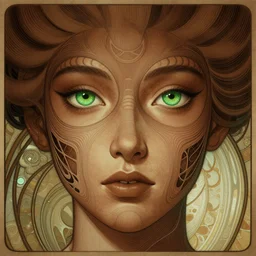 symmetry, samurai, lines, brown skin, green iris, machine face, intricate, elegant, highly detailed, digital painting, artstation, cgsociety, concept art, smooth, sharp focus, illustration, art by artgerm and greg rutkowski and alphonse mucha, 8 k