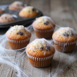 muffins made of spiderwebs sitting on a table