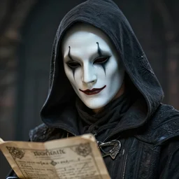 a digital art close up portrait of hooded bard with porcelain mask in style of d & d character, handsome warlock with magic character sheet, light clown makeup, 4 k, ultra detail, volumetric lighting, unreal engine, octane render, grimdark