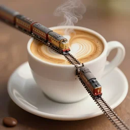 a train riding into a giant cup of coffee, elegant oil digital art, artstation, high detail, tiltshift, miniature 4 k