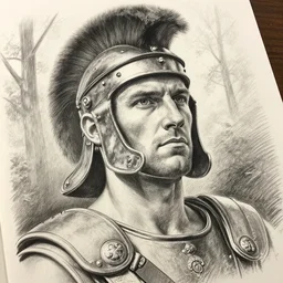 a realistic pencil drawing of a praetorian guard in the forest of gaul, pronounced masculine features, low dutch angle, face in focus, natural lighting, realism, strong muscular features