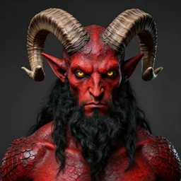 dnd style portrait of a tiefling, male, red scales, red skin, a big black beard, completely golden eyes, 2 ram horns growing out of his forehead,