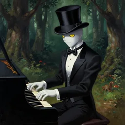 mettaton from undertale, wearing a tuxedo and top hat, playing the piano in a dark forest clearing, painting by rene magritte, reimagined in the style of supreme