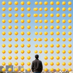 the sky is crowded with many multiple identical sun grid. a thousand identical sun grid in the sky. focus on the sky. man looking at the identical sun grid in the city sky. a lot of identical sun grid! sun grid, sun grid. fantasy art by noah bradley, patrick woodroffe, chris rahn. extremely high details, realistic, masterpiece, artstation contest winner