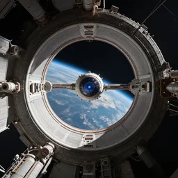 intergalactic stargate portal in a space station with a view of a planet in the background