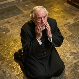 A terrified old catholic priest in black garb kneeled on a stone floor in passionate prayer. His eyes are wide open with fear. Ominous dramatic yellow lighting. Close-up shot from above, award-winning digital art, trending on ArtStation