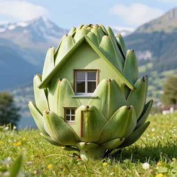 a house whose shape entirely looks like an artichoke. designed by a good architect. switzerland in the background