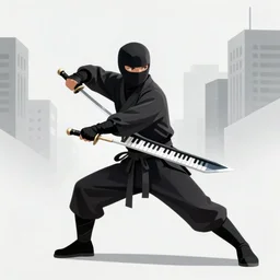 an urban crimefighting ninja musician wielding a sword that has a piano keybed as the blade, manga cover, artstation