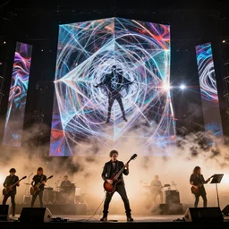 dusty Trent Reznor smashing guitars, group of people on stage playing instruments, elaborate stage effects, dust, smoke, giant LED screens, colored projections, ultrafine detail, goth cybersuit, glowing thin wires, smoke, high contrast, projections, a screenshot by David Gilmour Blythe, holography, tesseract, volumetric lighting, anamorphic lens flare