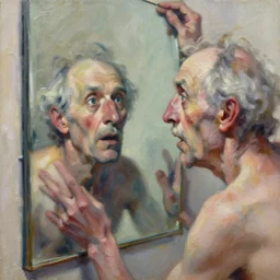 highly detailed expressionist oil painting of a mirror!!!! reflection of a old man, expressive, impasto, pastel shades, rough canvas textured, dynamic pose, top lighting, loose brush strokes, perfect face, hyper detailed face, digital painting, artstation, concept art, hyper detailed eyes, art by sam spratt and peter mohrbacher and james jean