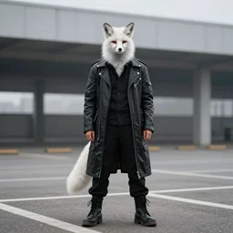 A portrait photo of a white japanese fox wearing an open, long, black leather jacket , black cargo pants, a black shirt, and black army boots standing in an empty, foggy parking structure