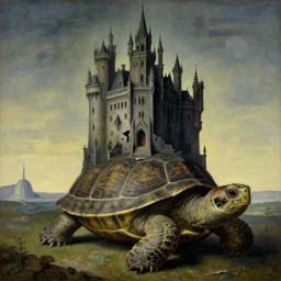 the eternal gothic castle of broken dreams, on top of a giant turtle, by magritte, dali, breton, masterpiece, symbolism, surrealism, landscape, oil on canvas, 8 k