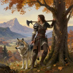 a warrior, female, she has an axe on her shoulder, grabbing a nearby tree, looking onto the horizon, next to her is a wolf companion, fall, mountain landscape, portrait by magali villeneuve, ames jean and artgerm and greg rutkowski and alphonse mucha and craig mullins and james jean and andrei riabovitchev and marc simonetti and peter mohrbacher 4 k, artstation, realistic, magic the gathering