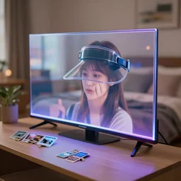 curved transparent tv, volumetric lighting, bedroom, visor, users, pair of keycards on table, bokeh, creterion collection, shot on 7 0 mm, instax