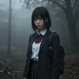 school girl standing, gloomy and foggy atmosphere, octane render, cgsociety, artstation trending, horror scene, highly detailded